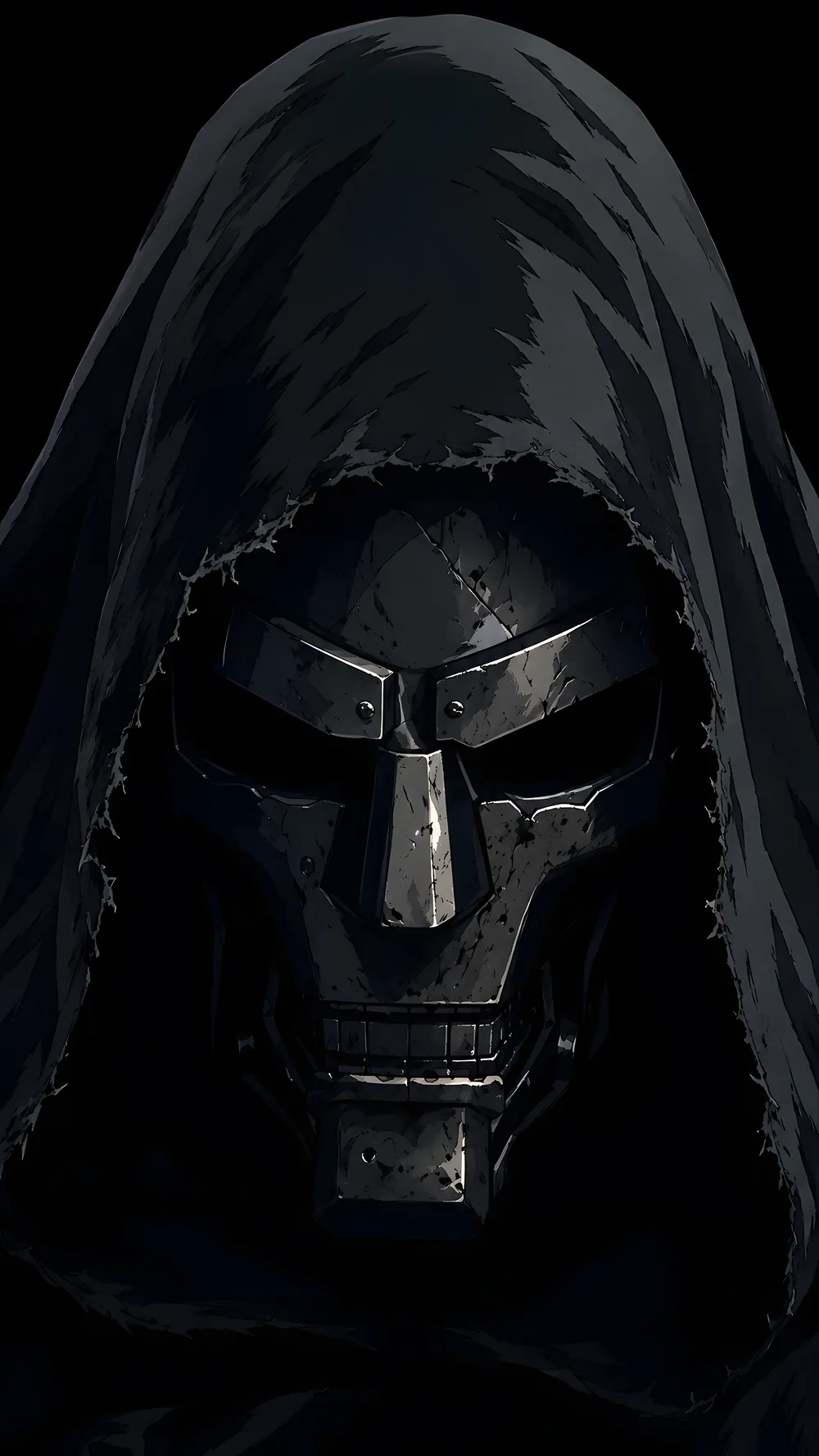 Doom's hooded mask in shadow